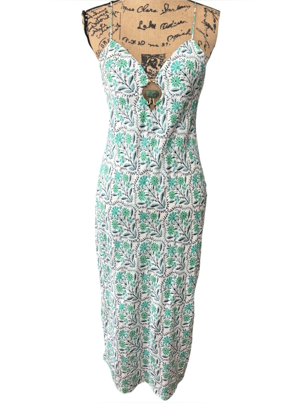 CAMI NYC Clio Midi Dress Bias Cut Silk Floral Gemstone U-Ring Size Small